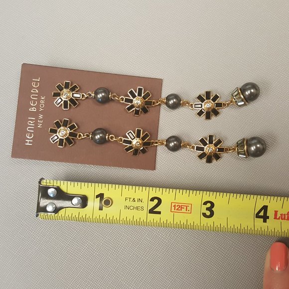 RARE Henri Bendel Black PEARL Cocktail Dangle Drop Earrings Yellow GOLD Swarovsk - Picture 7 of 10